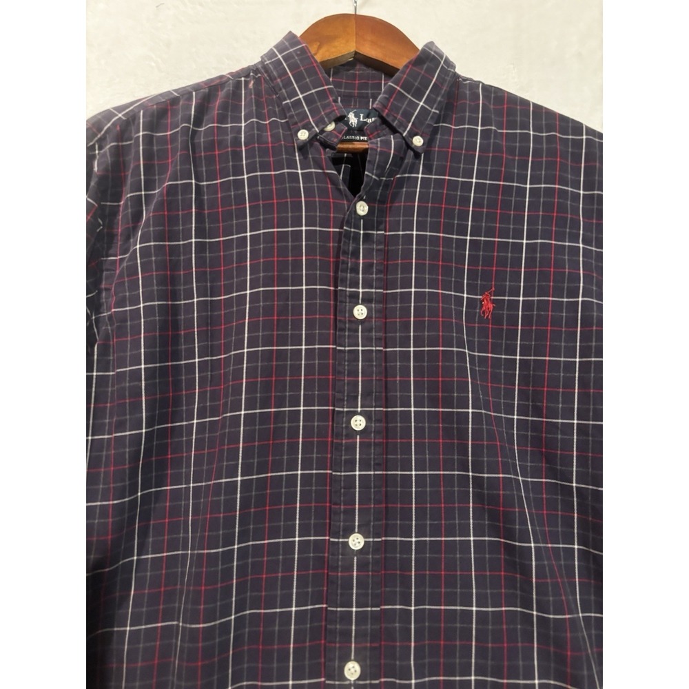 Vintage‎ Polo Ralph Lauren Dress Shirt Medium Classic Fit Blue Striped Button Up